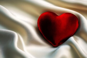 A soft red velvet heart resting on a silky fabric with elegant lighting and shadows.