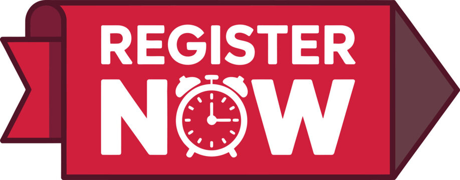 Vibrant Red Ribbon with Bold White Text Encouraging Immediate Action to Register Now with Clock Imagery