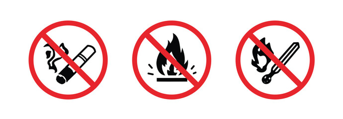 set of Signs prohibiting lighting fire, cigarettes and matches. Round label on white background
