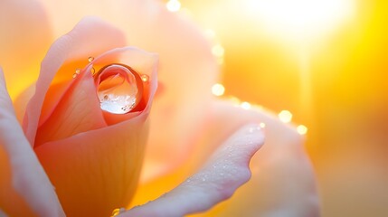 A soft-focus close-up of a single dewdrop resting on a delicate rose petal at sunrise.