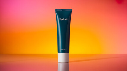 Teal hydration cream tube with white cap against a vibrant pink and orange gradient background