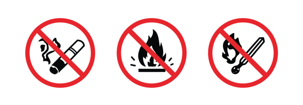 set of Signs prohibiting lighting fire, cigarettes and matches. Round label on white background