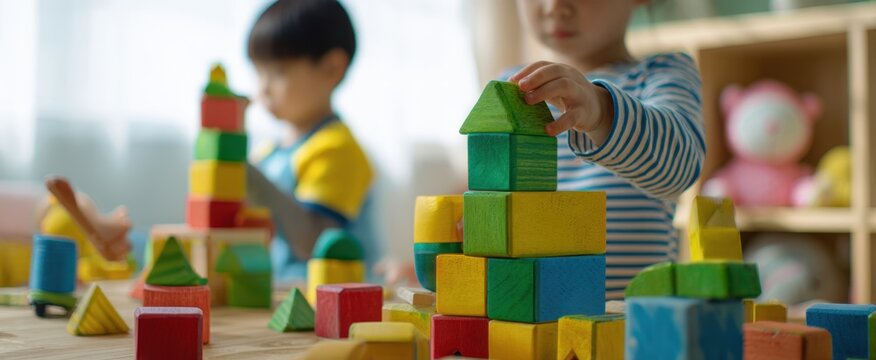 The children engaged in creative play with colorful wooden building blocks.