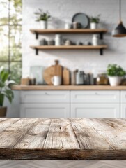 Mock up empty wooden table against the blurred background of the modern white wooden rustic Scandinavian kitchen, Mockup blank surface on a blurred kitchen background. copy space.
