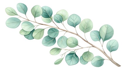 Elegant Eucalyptus Branch with Soft Green Leaves Watercolor Illustration Art