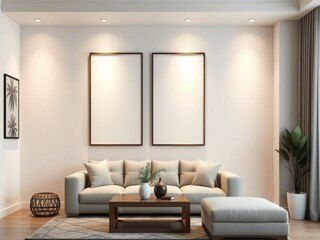 Frame mockup, ISO A paper size. Living room wall poster white mockup. Interior mockup with house background. Modern interior design. 3D render