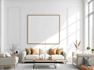 Frame mockup, ISO A paper size. Living room wall poster white mockup. Interior mockup with house background. Modern interior design. 3D render