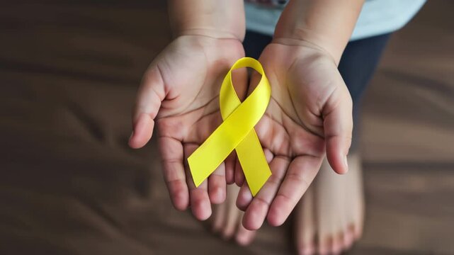Child's hands gently holding a yellow awareness ribbon symbolizing childhood cancer or sarcoma awareness and support against, video