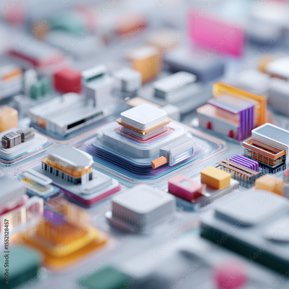 Poster macro view of a futuristic circuit board with vibrant colors and a shallow depth of field. illustrat