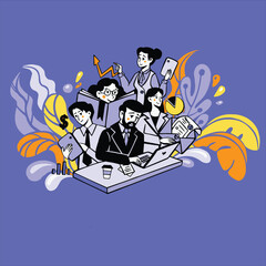 The team works, the information department is flourishing, the style is flat vector