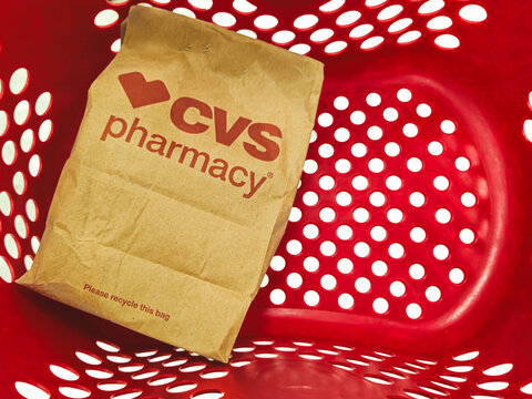 A brown CVS pharmacy bag in a red Target basket on June 23, 2025 (Minneapolis, USA). For Editorial Use.