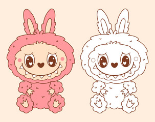 Cute Monster Pink Toy set. Funny kawaii character. Isolated Color and Outline linear hand drawing. Vector illustration. Kids collection. Coloring book