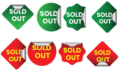 Red and green stickers sold out label design. Set of blank price, sale tag. Red sale tags, price tags collection. Discount, offer price tag design vector illustration.	