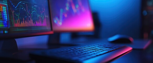 The modern workspace featuring dual monitors with financial data and vibrant lighting.
