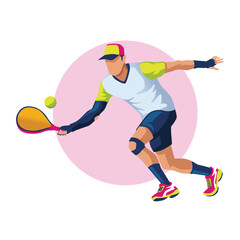 A pickleball player is hitting the ball with a racket.