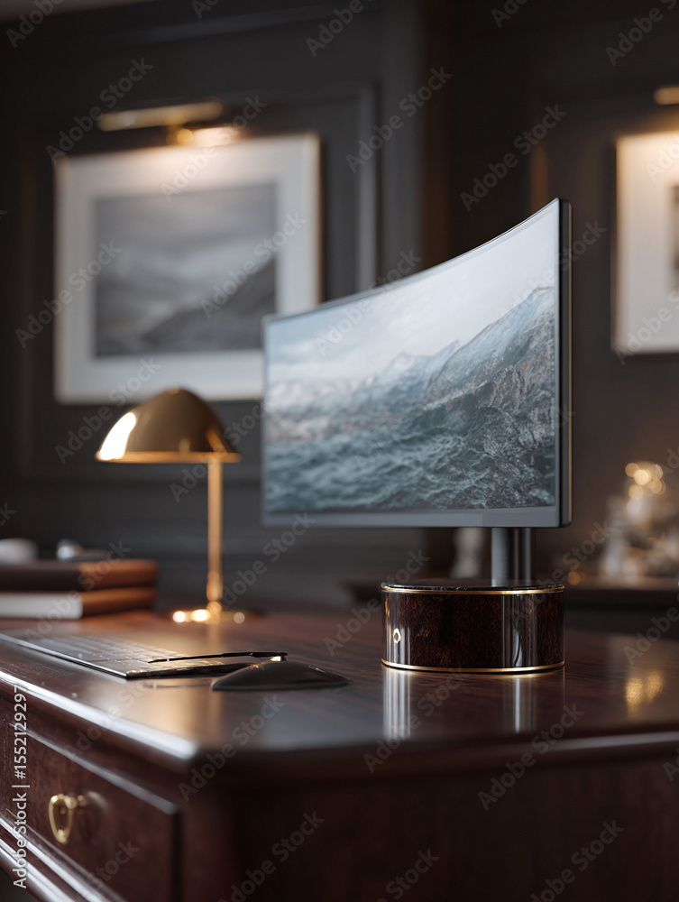 Poster elegant workspace featuring a curved monitor displaying a seascape, complemented by a classic desk l