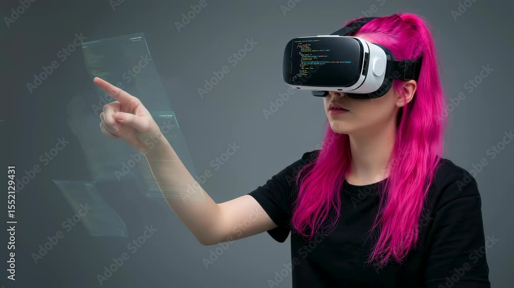 Poster woman wearing virtual reality glasses coding in future virtual space, programmer coding in metaverse