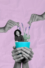 Poster image vertical photo collage of happy girl guy stand coffee cup drink herbal tea beverage...