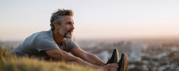 Mature man stretching outdoors at sunrise, city skyline in soft focus. Health, fitness, and wellness concept. Perfect for lifestyle or inspirational themes.