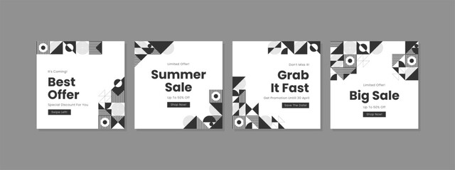 Sale square banner template for social media posts, mobile apps, banners design, web or internet ads. Trendy abstract square template with geometric monochrome concept.	