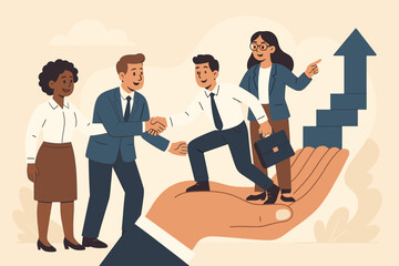 Business team collaborating for career growth. Helping hand providing support, mentorship and guidance. Professional development, climbing the career ladder, success and partnership.