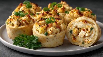 Fototapeta premium Mouthwatering chicken and cheese taquitos topped with melted cheddar and fresh green onion, highlighting their golden brown texture