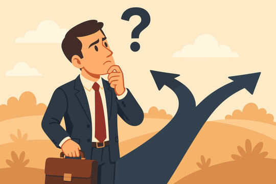Business decision concept. Confused cartoon businessman with a briefcase standing at a crossroads with two paths. Dilemma, choice, opportunity, and career direction metaphor.