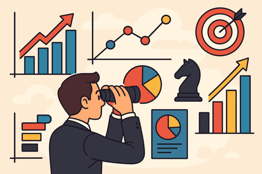 Businessman with binoculars analyzing data charts, graphs, pie chart, bar chart, target, chess knight. Strategic planning, business competition analysis, growth forecast, market research, statistics