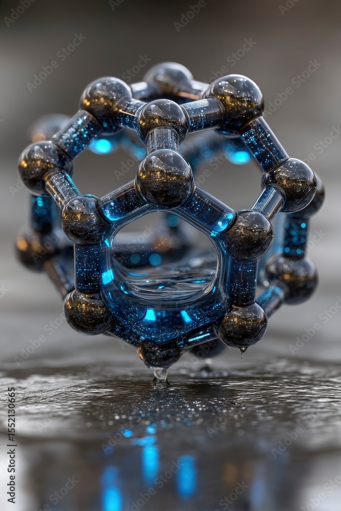 Poster glowing blue hexagonal cube network structure