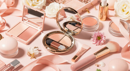 Creative beauty branding flat lay with mirror compact and blush tones 
