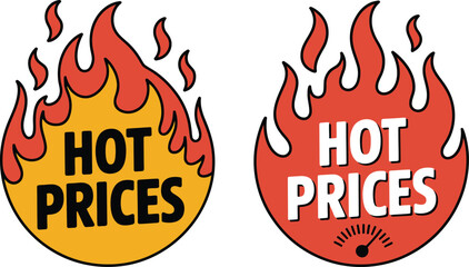 Fiery Hot Prices Icons Embellished with Blazing Flames and Bold Typography to Illustrate Special Sales Promotions