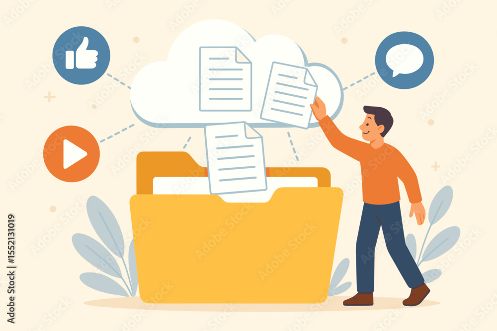 Poster cloud computing file sharing, document upload to cloud storage, content distribution, social media i
