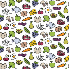 Colorful pattern background with food. Blueberries, meat, fish, egg, bread, apple and others on a white background