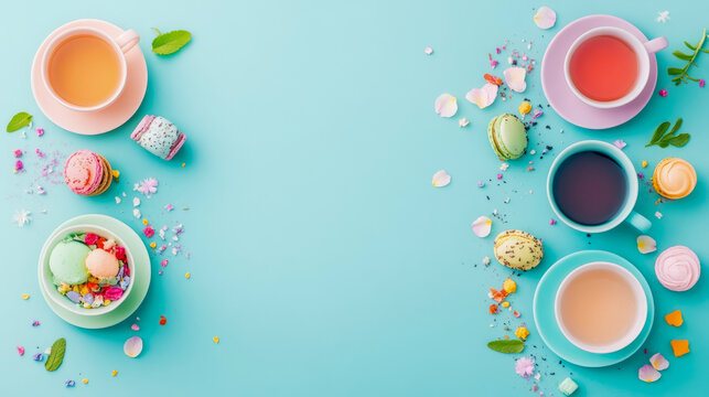 Elegant Tea Party Still Life with Macarons and Floral Accents on Turquoise