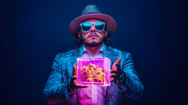 Man holding illuminated cube containing mountain in a concept for technology and nature blend - Powered by Adobe