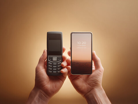 Hands holding old vs new mobile phones, showcasing technology evolution. Concept for progress, change, innovation. Suitable for tech, business, lifestyle.