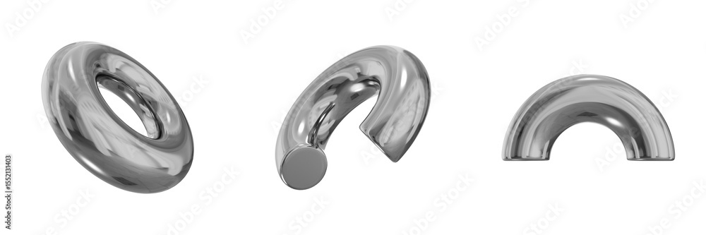 Poster 3d chrome metallic abstract shape objects, 3d rendering steel gradient shape design element, futuris