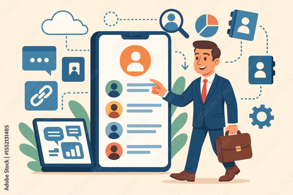 Poster business networking and contact management system concept. digital tools, mobile app interface, orga