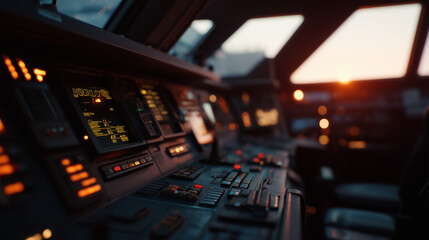 Aircraft Cockpit at Sunset with Control Panels 