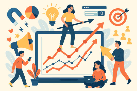 Digital marketing strategy concept. Business growth, attracting new customers, increasing sales, advertising campaign, social media, target audience, teamwork, analytics, vector illustration