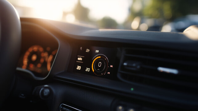 Car Dashboard with Digital Speedometer and Sunset Lighting 