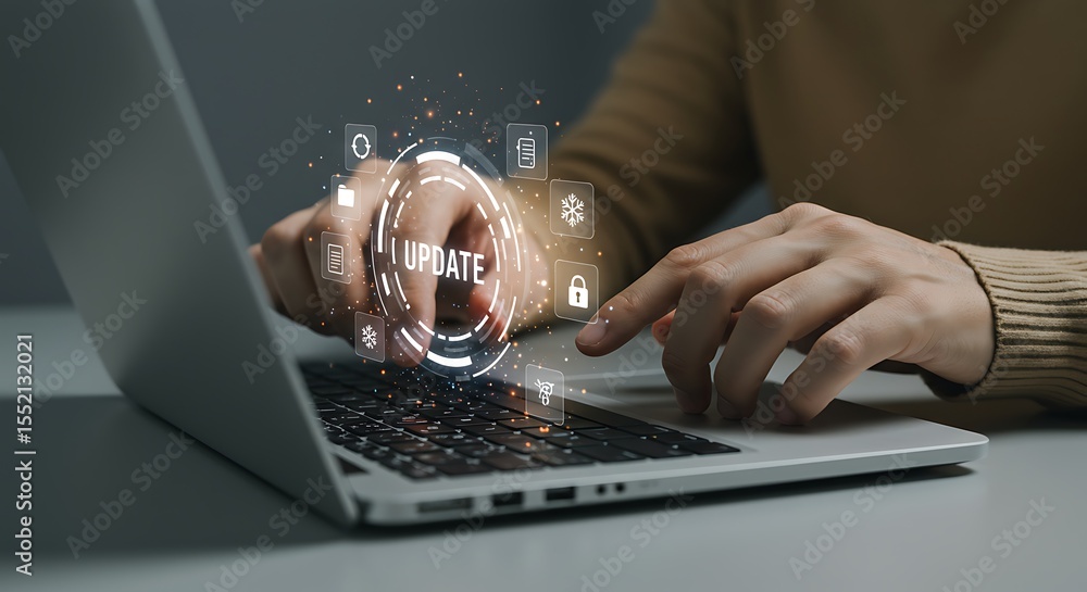 Poster digital information technology update concept with futuristic interface elements overlayed on laptop