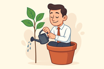 Businessman sitting in flowerpot watering plant, growth metaphor, personal development, self-improvement, self-care, nurturing success, motivation, cartoon vector illustration