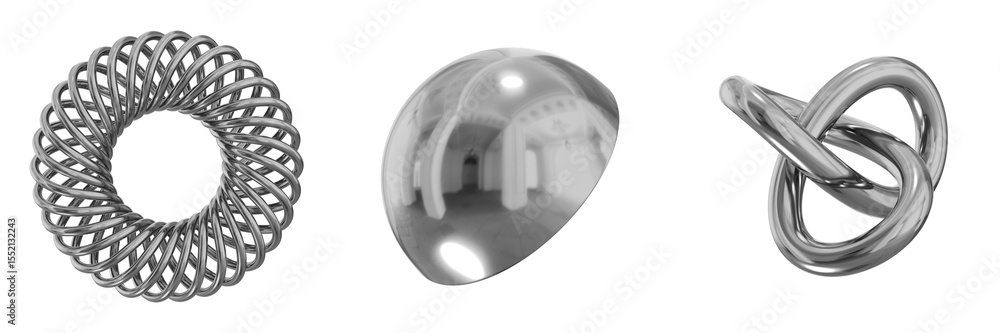 Poster 3d chrome metallic abstract shape objects, 3d rendering steel gradient shape design element, futuris