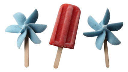 A red popsicle on a wooden stick is positioned between two blue pinwheels with wooden handles.