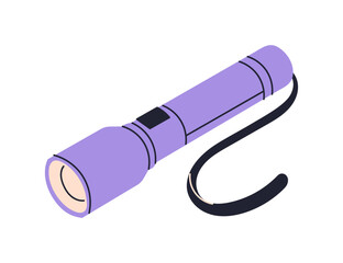 Flashlight icon, portable handheld lamp, electric torch for night use, led light source for hiking, camping, emergency or search purposes, compact battery powered device flat vector illustration.