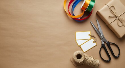 Gift Wrapping Essentials: Brown Paper Package, Ribbons, Tags, and Scissors on Kraft Paper