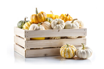 Rustic wooden box full of small ornamental pumpkins in white, cream and orange tones. Great for autumn decoration, Thanksgiving visuals, harvest themes, seasonal promotions and eco farm branding