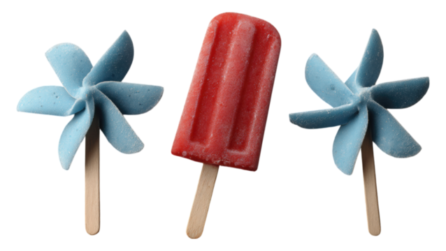 A red popsicle on a wooden stick is positioned between two blue pinwheels with wooden handles.