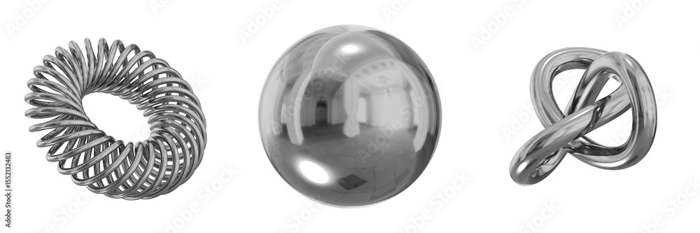 Poster 3d chrome metallic abstract shape objects, 3d rendering steel gradient shape design element, futuris